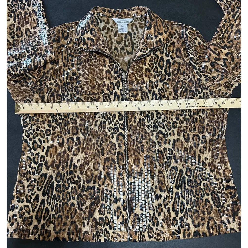 Exclusively Misook Leopard Print Jacket Women XL Shimmer Sequin Full Zip Stretch - Picture 4 of 7
